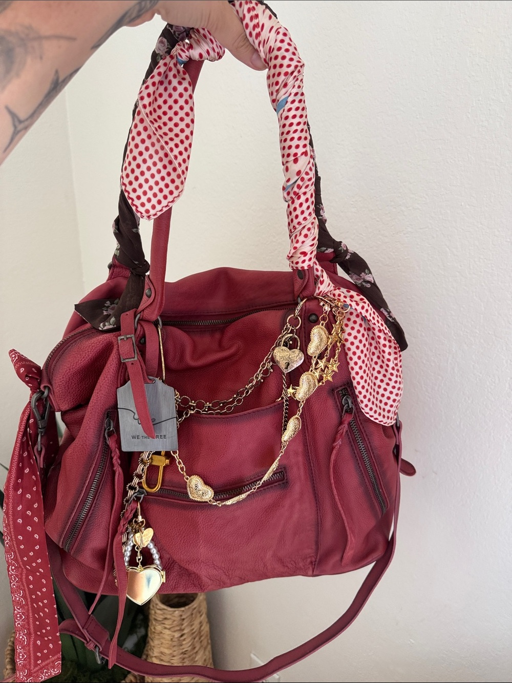Emerson tote bag free people crimson red CHARMS + scarves included as pictured